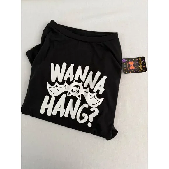 Wanna Hang Dog Shirt Halloween Pet Tee Size XL Black Bat Design Buttons and Bone - Picture 3 of 7